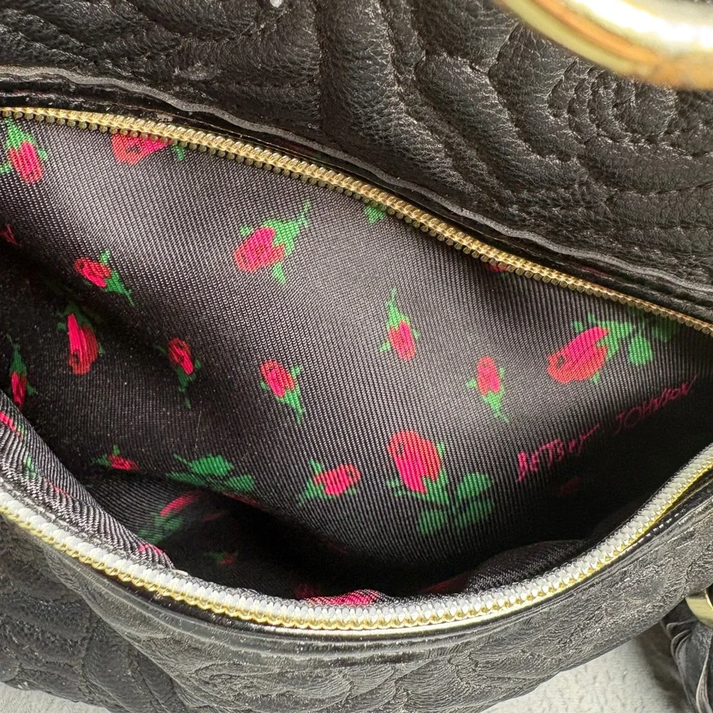Betsey Johnson Black Rose Embossed Satchel Bag with Oversized Studded Bow